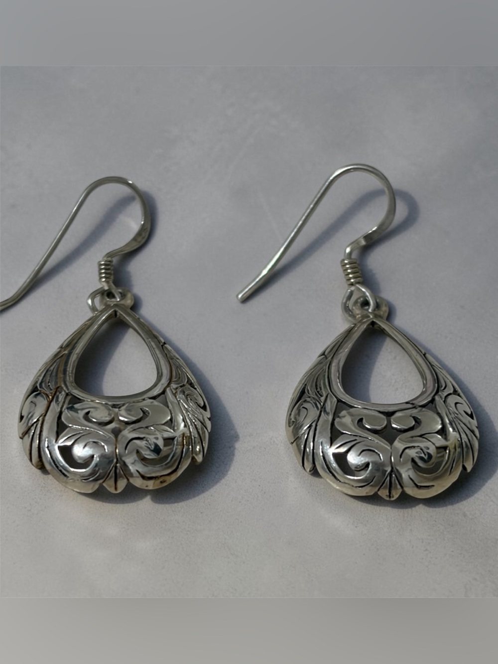 Sterling Silver Open Teardrop Filigree Dangle Hook Earrings Vintage